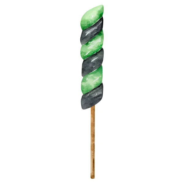 スティック上の水彩ハロウィンお菓子黒緑の隔離 — ストック写真