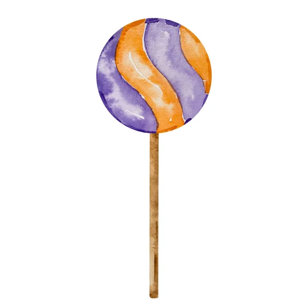 Watercolor Halloween Cake Pop Purple Orange Stripes Isolated — Stock Photo, Image