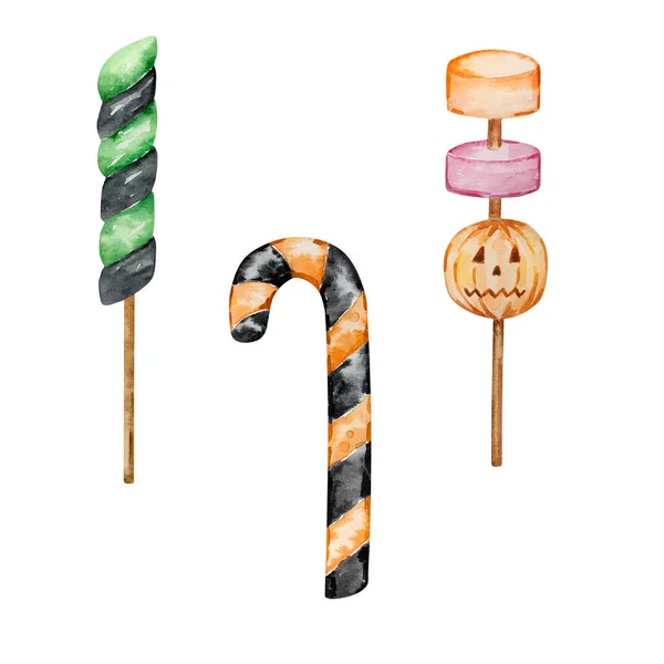 Aquarell Halloween Set Von Gruseligen Lutschern Und Bonbons Isoliert — Stockfoto