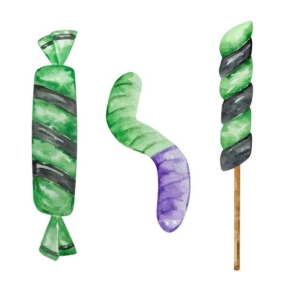 Watercolor Halloween Set Green Lollipops Candies Isolated — Stock Photo, Image