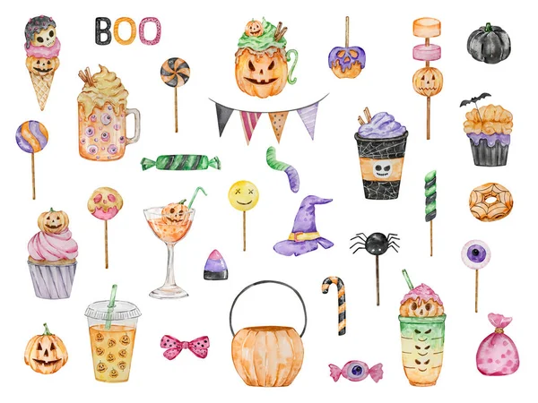 Watercolor Halloween set of spooky drinks, coffee, lollipops and candies isolated