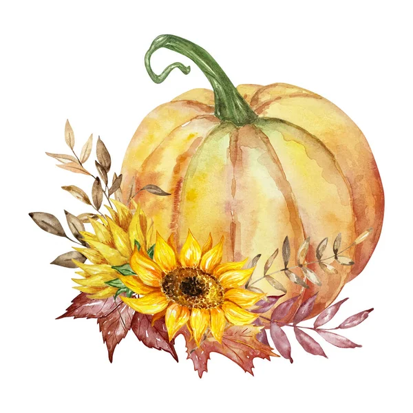 Watercolor Autumn Illustration Pumpkins Sunflowers Branch Leaves Printing Invitations — Stock Photo, Image