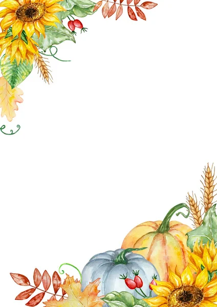 Watercolor autumn frame of pumpkins, sunflowers and leaves for prints and invitations