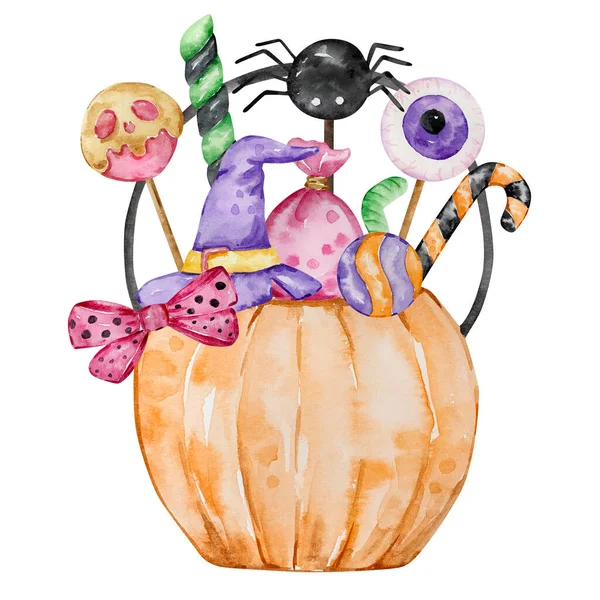 Aquarelle Halloween Illustration Seau Bonbons Effrayant Pour Des Projets Conception — Photo