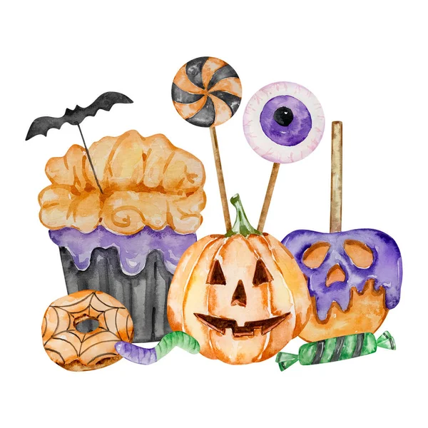 Illustration Halloween Aquarelle Cupcake Effrayant Citrouille Bonbons Pour Des Projets — Photo