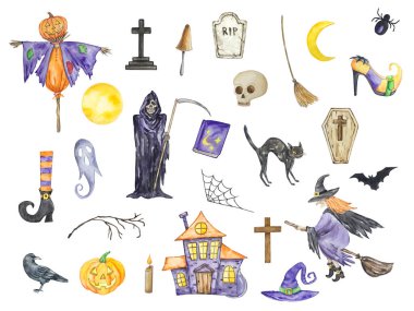 Suluboya cadılar bayramı büyük cadı, korkuluk, orakçı, perili ev ve diğer izole elementler.