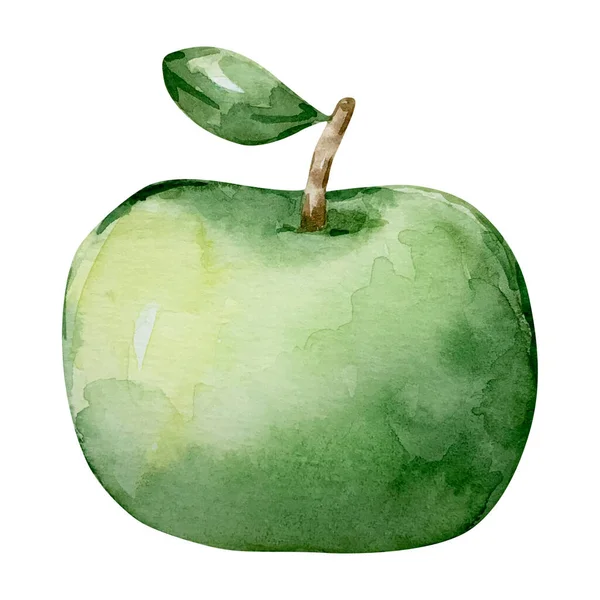 Watercolor Autumn Juicy Green Ripe Apple Isolated — Stock Photo, Image