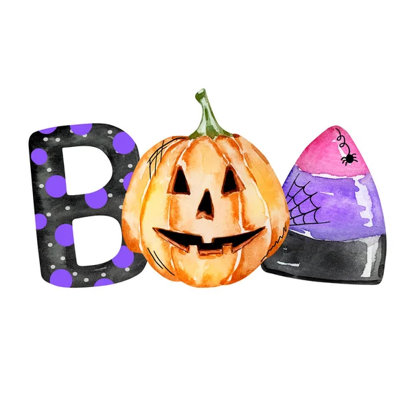 Aquarelle Halloween Illustration Boo Avec Citrouille Bonbons Pour Les Projets — Photo