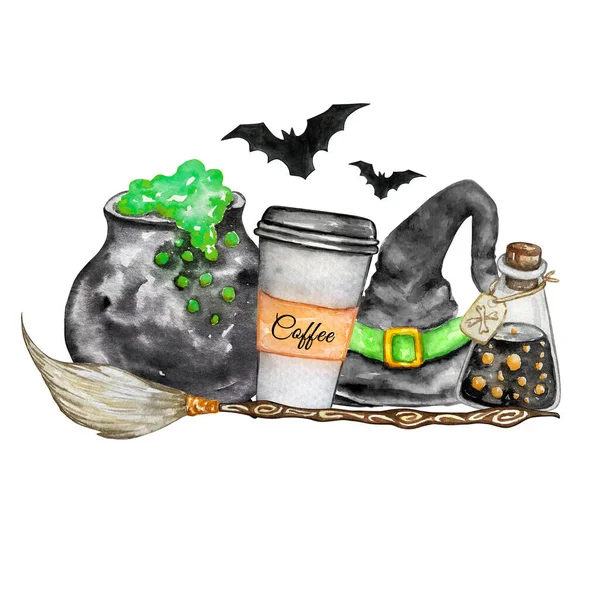 Aquarelle Halloween Illustration Chaudron Potion Chapeau Café Pour Les Projets — Photo