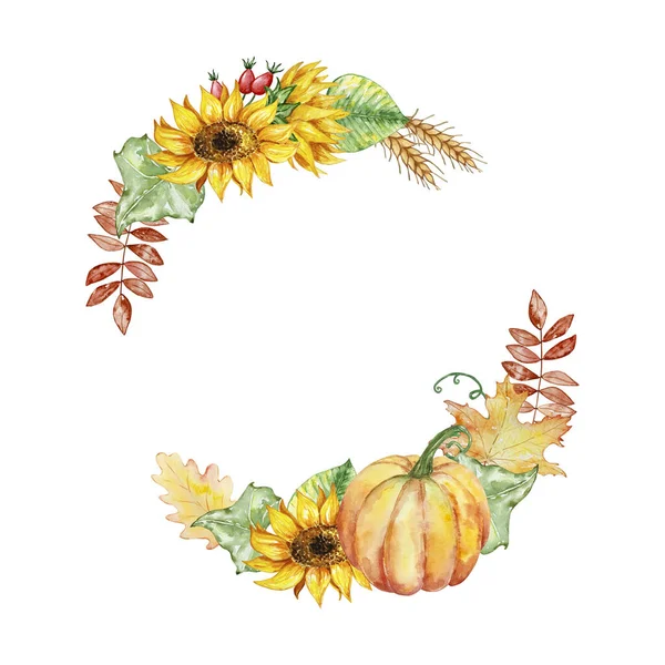 Watercolor Autumn Wreath Pumpkins Sunflowers Leaves Prints Invitations — Stock Photo, Image