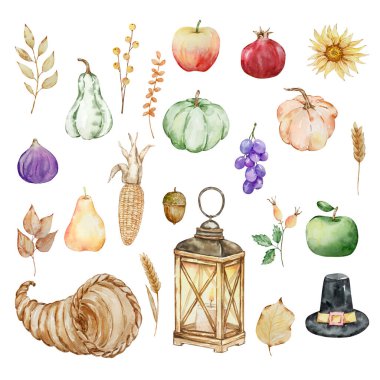 Şükran Günü suluboya elementleri, kornucopia, fener ve balkabağı izole edilmiş.