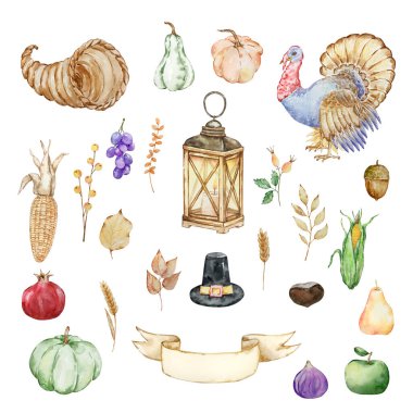 Şükran Günü suluboya elementleri, cornucopia, hindi ve balkabağı izole edilmiş.