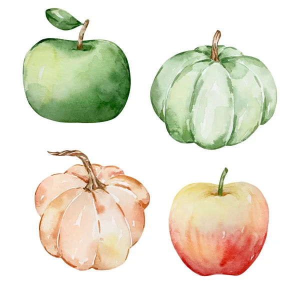Święto Dziękczynienia Elementy Akwareli Dynie Jabłka Izolowane — Zdjęcie stockowe