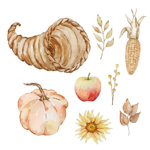 Díkůvzdání Akvarel Prvky Dýně Kukuřice Ovoce Roh Nucopia Izolované — Stock fotografie