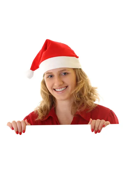 Santa dziewczyna gospodarstwa miejsce dla tekstu, tematu Boże Narodzenie — Zdjęcie stockowe
