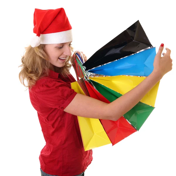 Lány a karácsonyi bevásárló szatyrok — Stock Fotó