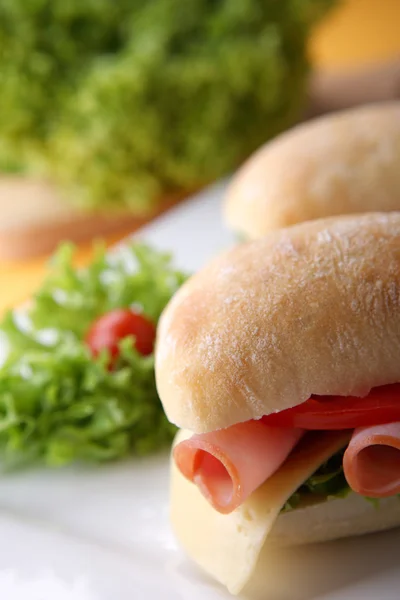 Sandwich con verduras frescas, jamón y queso — Foto de Stock