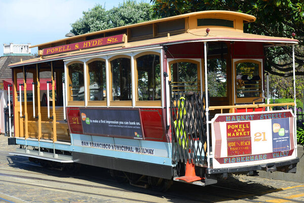 Antique Cable Car Powell Hyde Line at Friedel Klussmann Memorial terminal station in San Francisco, California CA, USA.