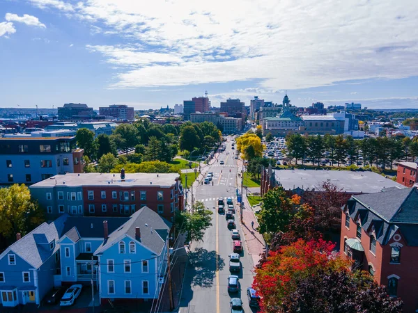 Aerial View Portland Historic Downtown Skyline Congress Street Viewed Munjoy — Stock Photo, Image