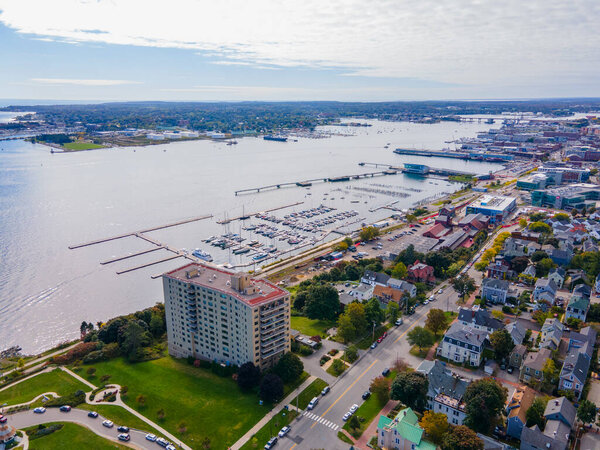 Portland Harbor and mouth of the Fore River panoramic aerial view from East End of Portland, Maine ME, USA. 