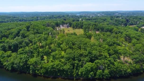 Winnekenni Castle Winnekenni Park Luchtfoto Van Kenoza Lake Stad Haverhill — Stockvideo