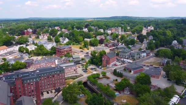 Methuen Historic City Center Aerial View Including Broadway Spicket Falls — Stockvideo