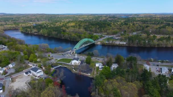 Historic Meeting House Tyngsboro Bridge Merrimack River Anerial View Spring — Stock video