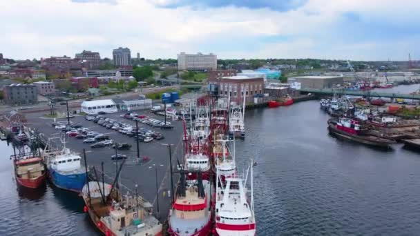 Vista Aérea Porto New Bedford Com Barcos Pesca Atracados Cais — Vídeo de Stock