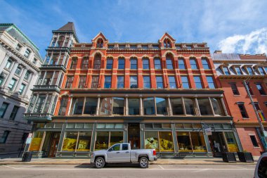 Tarihi ticari binalar 44 Washington Caddesi Providence şehir merkezindeki Eddy Caddesi 'nde, Rhode Island RI, ABD. 