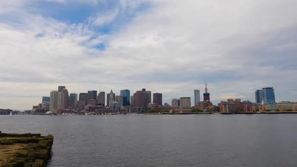 Time Lapse Video Boston Modern Financial District Skyline Waterfront Cloudy — Αρχείο Βίντεο