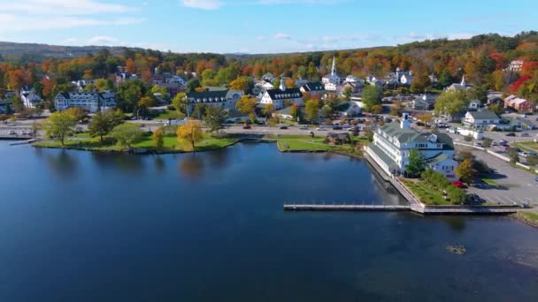 Meredith Town Center Fall Foliage Aerial View Fall Meredith Bay — Stock Video