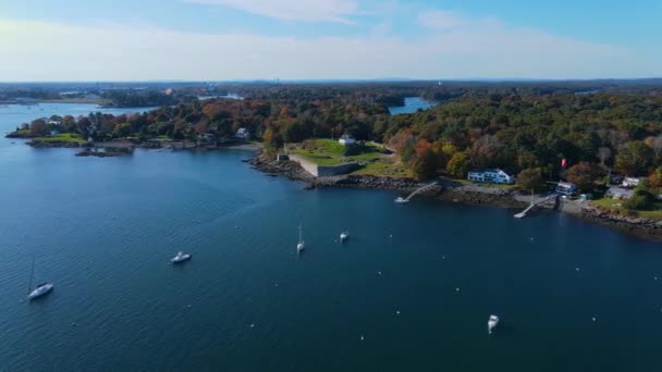 Panoramic Aerial View Fort Mcclary Pepperrell Cove Fall Piscataqua River — Stock Video