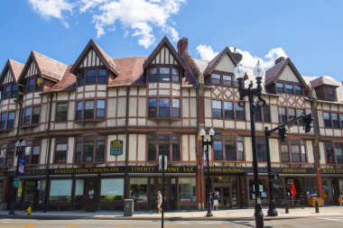 Adams Building, built in 1880, is a historical commercial building with Tudor Revival style at 1354 Hancock Street in Quincy city center, Massachusetts MA, USA.