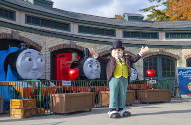 Sir Topham Hatt on Live Show at Tidmouth Sheds of Thomas Land USA in Edaville Family Theme Park in town of Carver, Massachusetts MA, USA. 