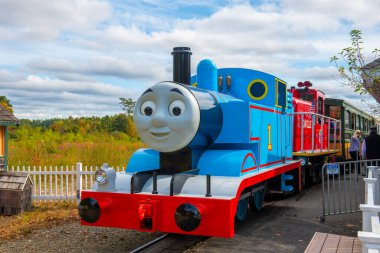 Thomas the Tank Engine on Edaville Railroad in Thomas Land USA in Edaville Family Theme Park in town of Carver, Massachusetts MA, USA. 