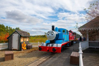 Thomas the Tank Engine on Edaville Railroad in Thomas Land USA in Edaville Family Theme Park in town of Carver, Massachusetts MA, USA. 