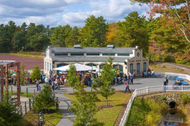Aerial view of Tidmouth Sheds in Thomas Land USA in Edaville Family Theme Park in town of Carver, Massachusetts MA, USA. 