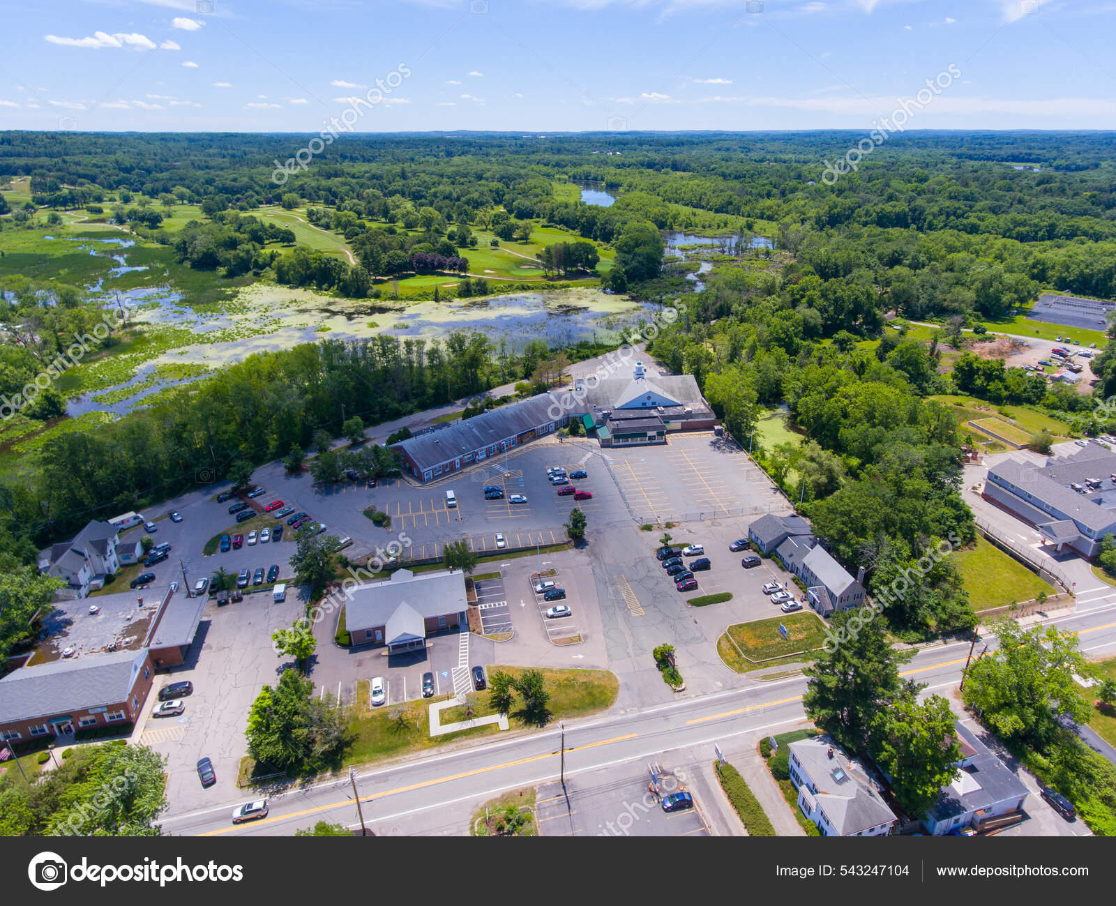 Wayland Historic Town Center Aerial View Summer Boston Post Road Stock