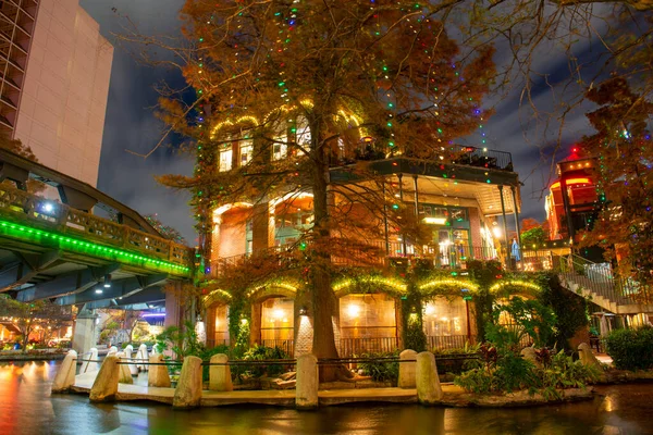 San Antonio River Walk Presa Street Noite Centro San Antonio — Fotografia de Stock