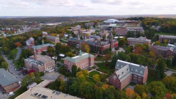 College Holy Cross Landscape Aerial View Fall Foliage City Worcester — Αρχείο Βίντεο