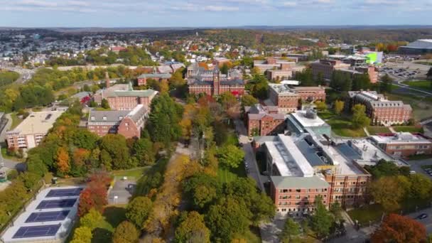 College Holy Cross Landscape Aerial View Fall Foliage City Worcester — Stockvideo