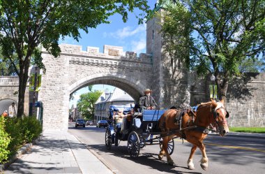 Quebec City, Kanada 'daki St. Louis Kapısı' nın önündeki At Arabası. Eski Quebec, UNESCO tarafından 1985 yılında Dünya Mirası ilan edildi..