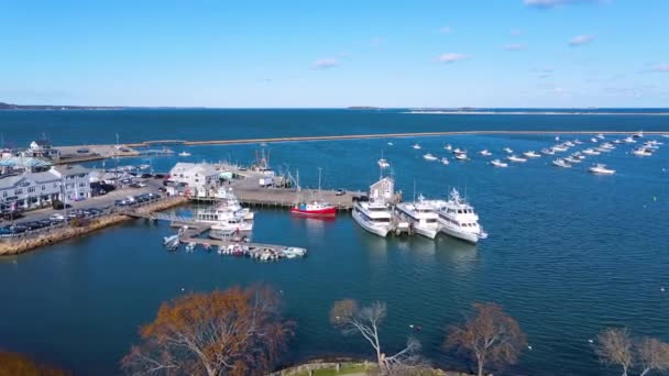 美国麻萨诸塞州普利茅斯市中心的普利茅斯湾和普利茅斯村历史街区航景 五月花 号古董船 — 图库视频影像
