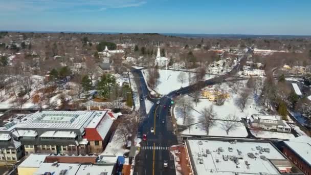 Lexington Centro Histórico Cidade Vista Aérea Inverno Incluindo Massachusetts Avenue — Vídeo de Stock