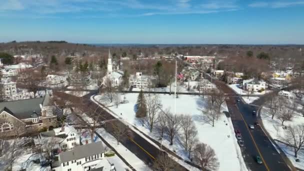 Lexington Historic Town Center Aerial View Winter Including Massachusetts Avenue — Stock Video