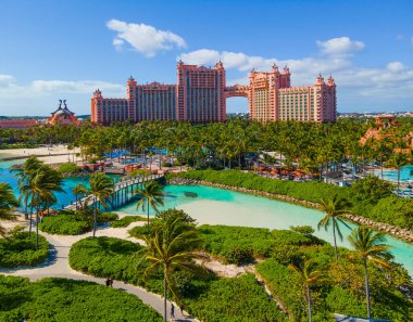 Paradise Lagoon aerial view and The Royal Tower at Atlantis Hotel on Paradise Island, Bahamas. clipart