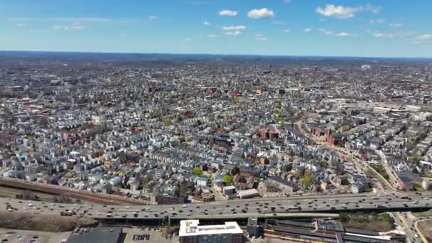 Boston Downtown Financial District Och Back Bay Skyline Flygfoto Våren — Stockvideo