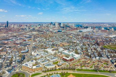 Boston Merkez Finans Bölgesi hava manzarası Güney Boston, Massachusetts MA, ABD. 