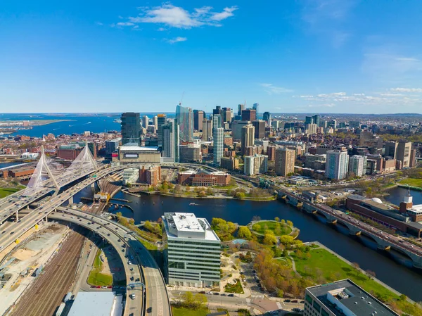 Boston Downtown Financial District Skyline Leonard Zakim Bridge Aerial View — Foto Stock