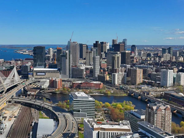 Boston Downtown Financial District Skyline Leonard Zakim Bridge Aerial View — Foto Stock